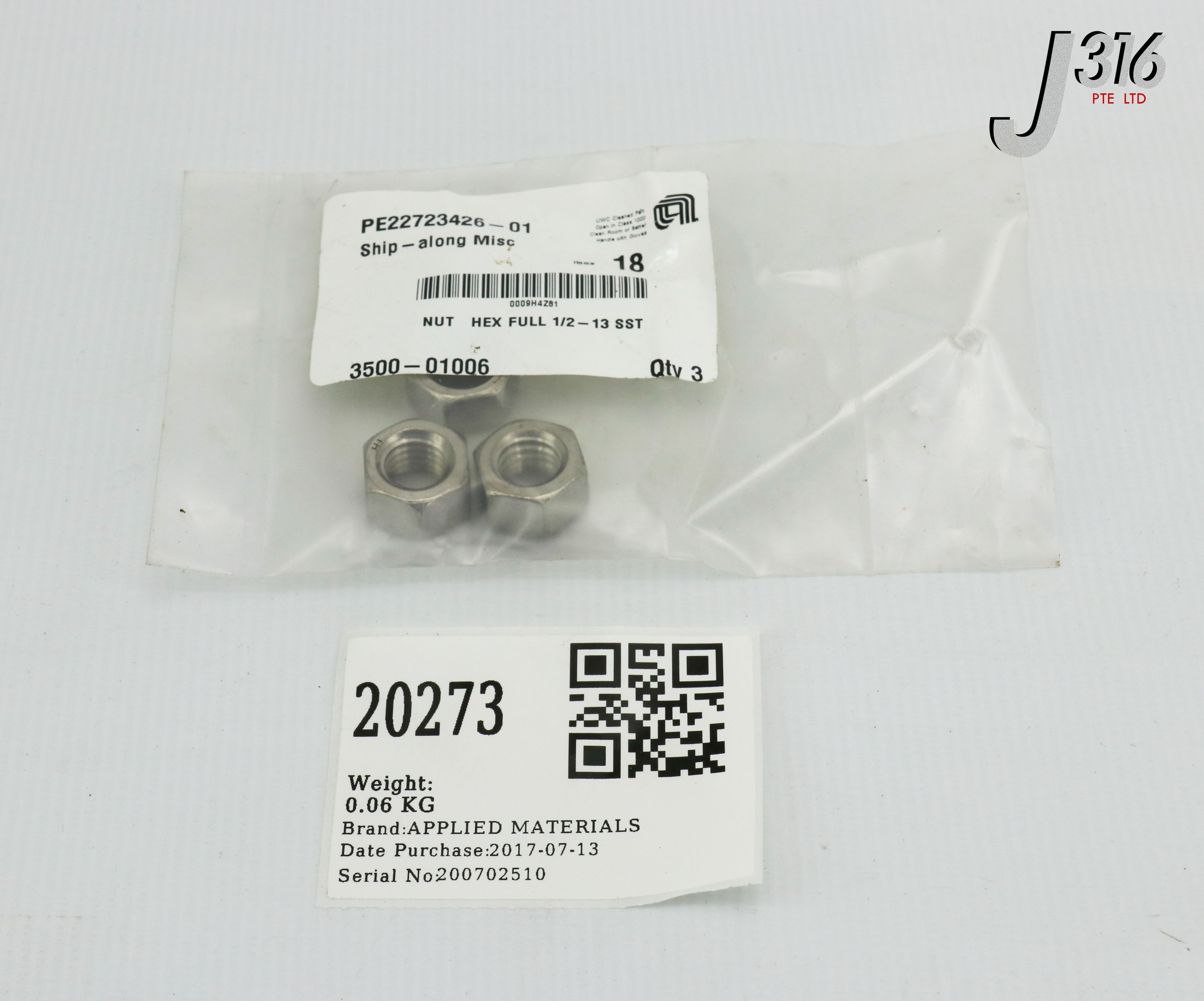 売却済み 20273 APPLIED MATERIALS NUT HEX FULL 1/2-13 SST (LOT OF 3) (NEW